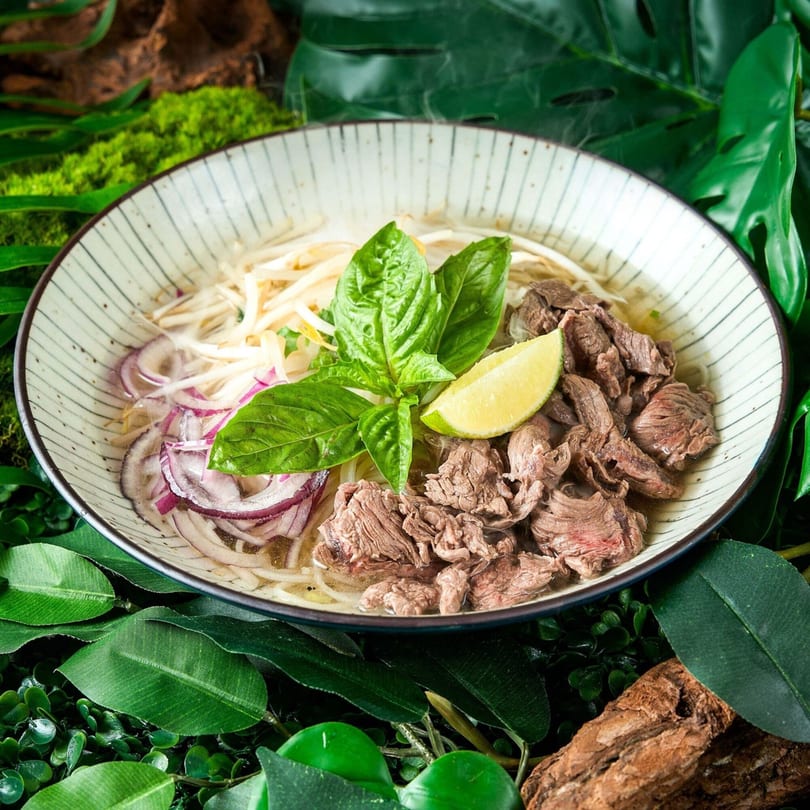 A bowl of Khaosan Thai beef pho with noodles, bean sprouts, red onions, basil, and lime.
